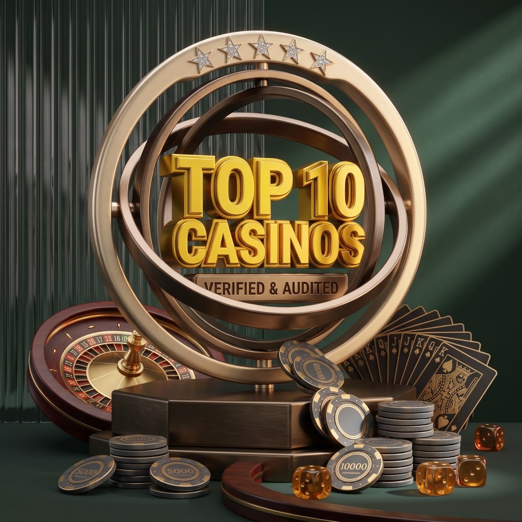 Gold casino trophy with roulette, playing cards, chips and dice